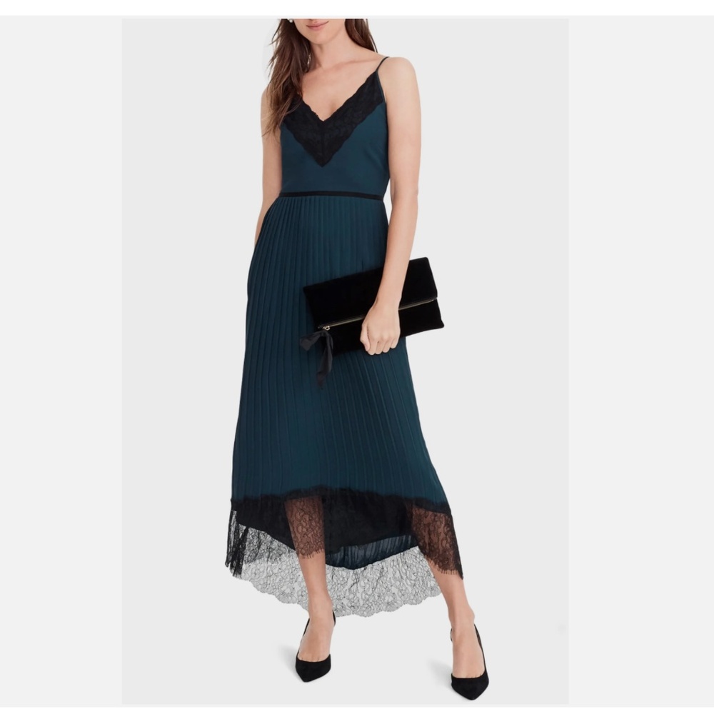 J.Crew Collection Spaghetti Strap Pleated Midi Dress Green Black Lace 2 NEW $198